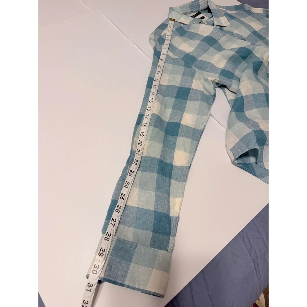 Banana Republic Camden Fit Linen Shirt Mens Small Blue White Buffalo Check Plaid